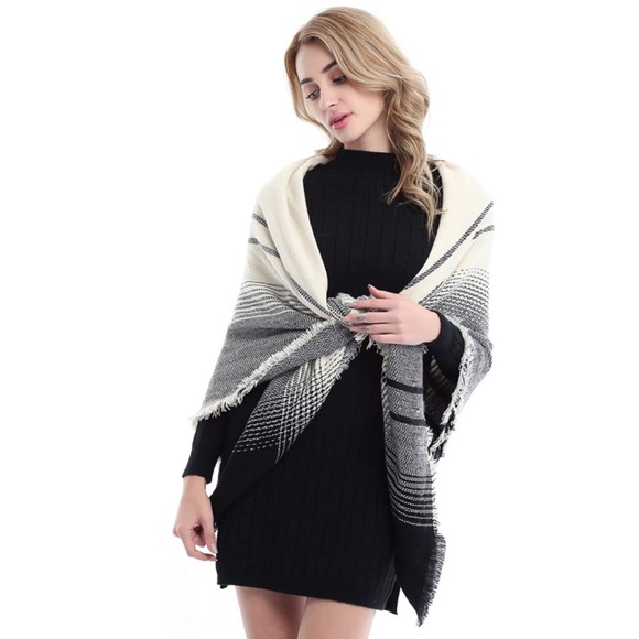 Cream Grey Black Ultra Plush Plaid Blanket Scarf - Picture 5 of 8